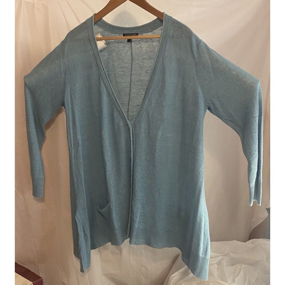Eileen Fisher 100% Linen Lightweight Lt Blue Long Cardigan Sweater-Size L